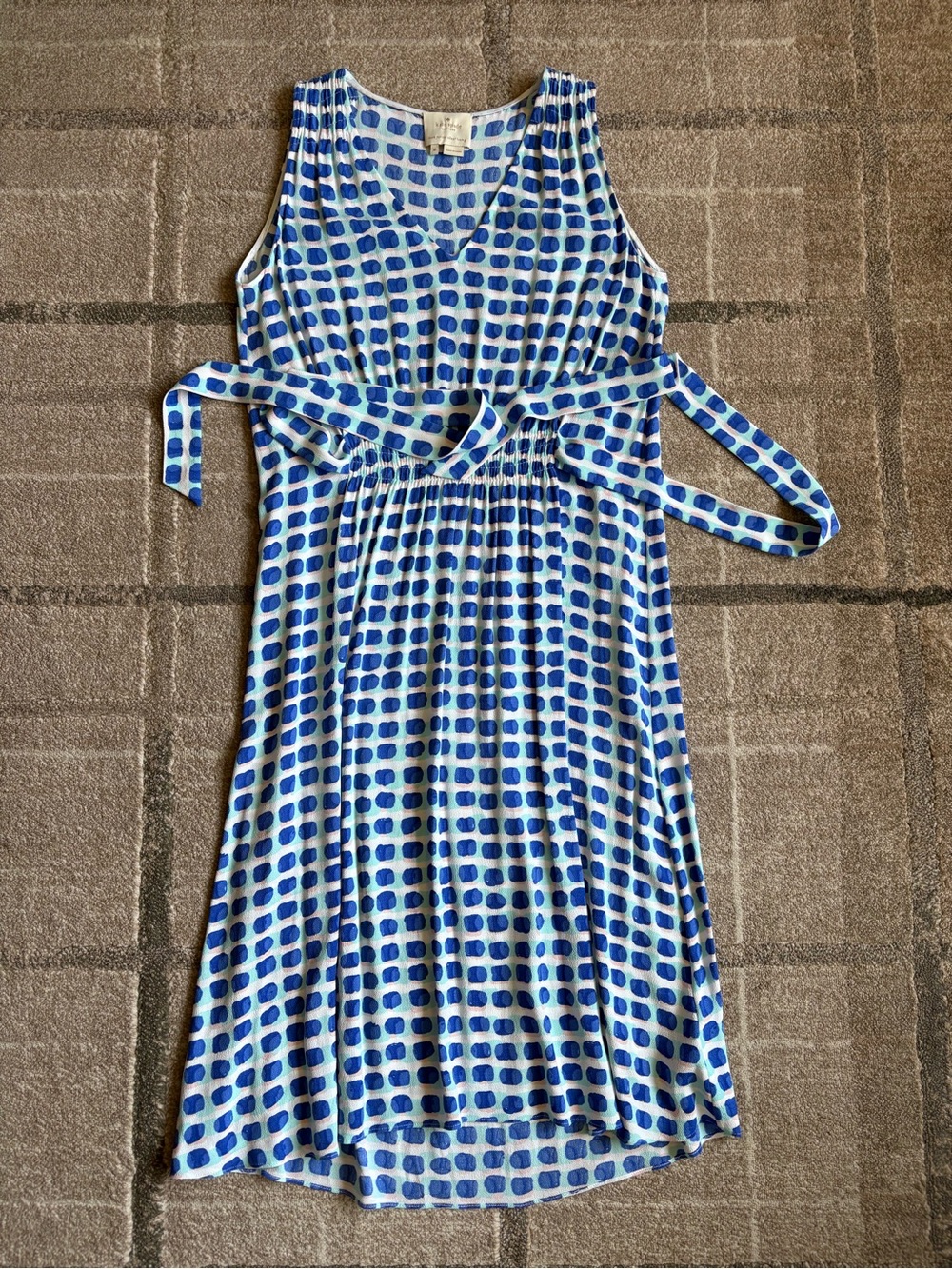 Kate Spade New York "Island Stamp" Tie-Back Sleeveless Dress Blue White V-neck